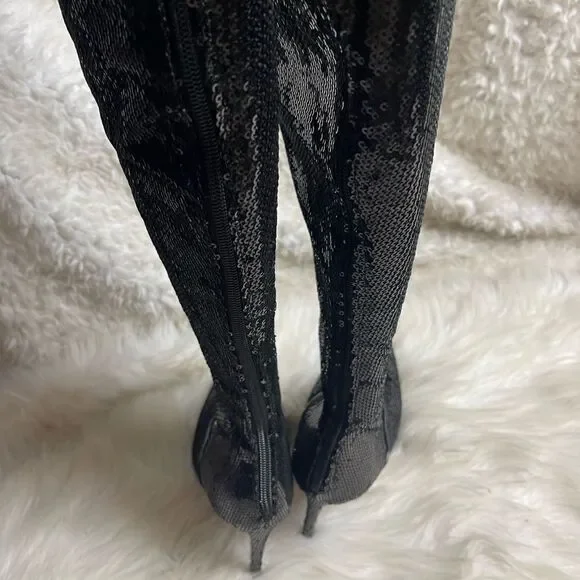 Over the knees Black sequins heels boots front lace up accents side zipper SZ6.5 - Picture 3 of 8